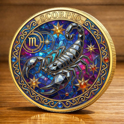 Tarot Zodiac Scorpio Sign Stained Glass Printed Commemorative Coin