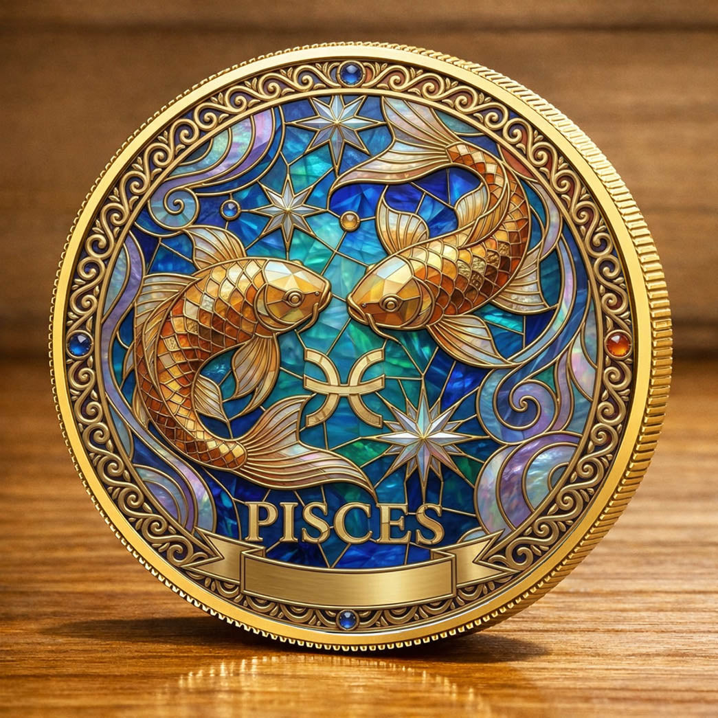 Tarot Zodiac Pisces Sign Stained Glass Printed Commemorative Coin