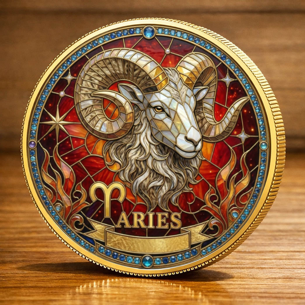 Tarot Zodiac Aries Sign Stained Glass Printed Commemorative Coin