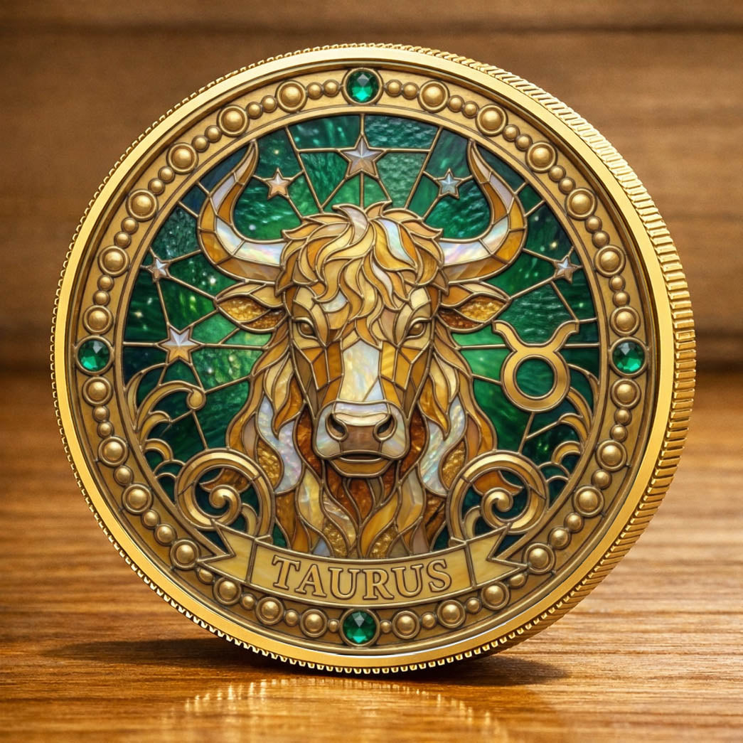 Tarot Zodiac Taurus Sign Stained Glass Printed Commemorative Coin