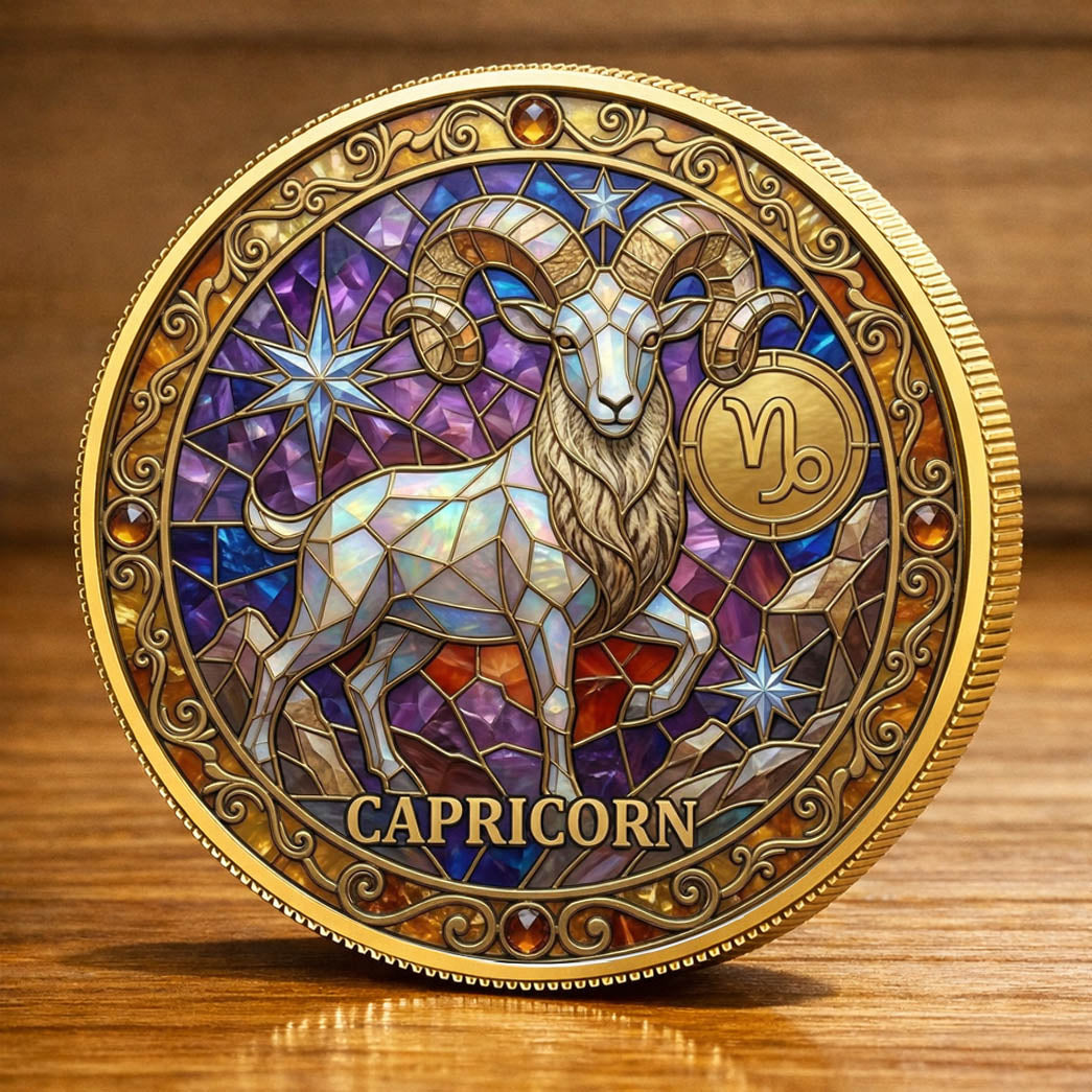 Tarot Zodiac Capricorn Sign Stained Glass Printed Commemorative Coin