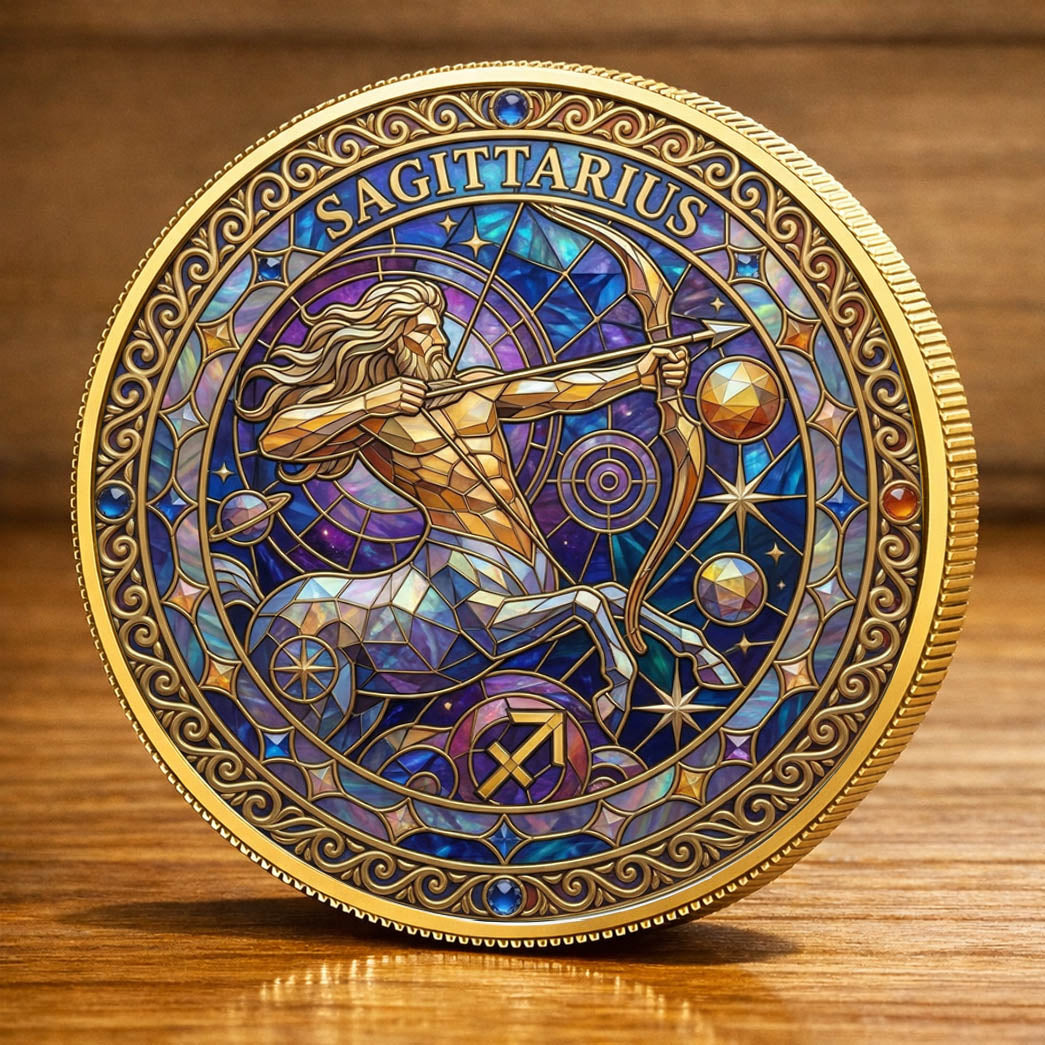 Tarot Zodiac Sagittarius Sign Stained Glass Printed Commemorative Coin