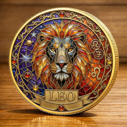 Tarot Zodiac Leo Sign Stained Glass Printed Commemorative Coin
