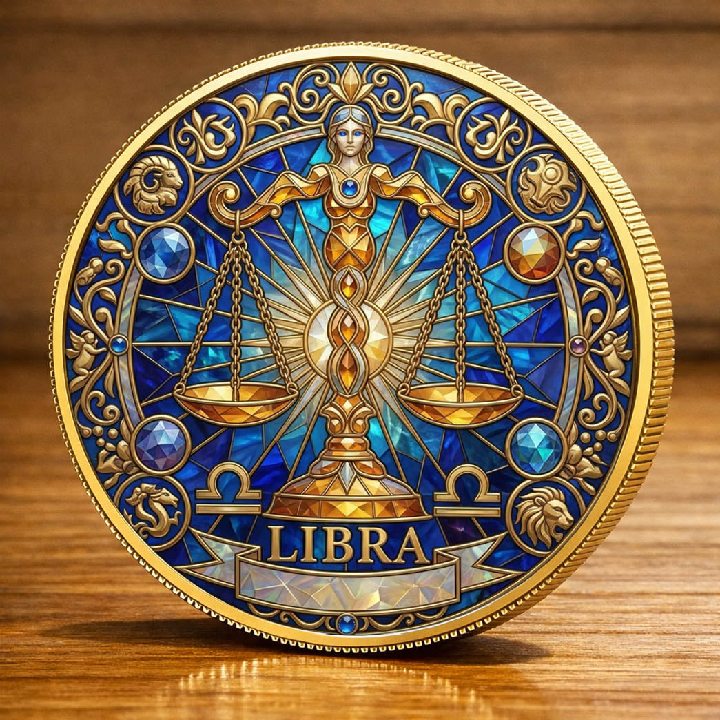 Tarot Zodiac Libra Sign Stained Glass Printed Commemorative Coin