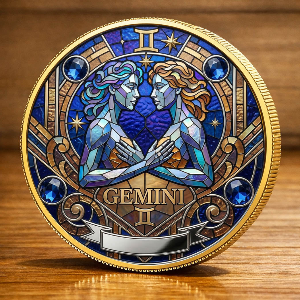 Tarot Zodiac Gemini Sign Stained Glass Printed Commemorative Coin