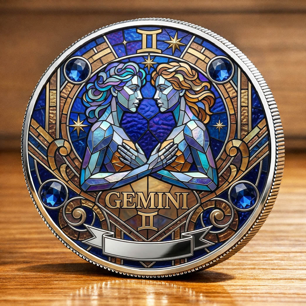Tarot Zodiac Gemini Sign Stained Glass Printed Commemorative Coin