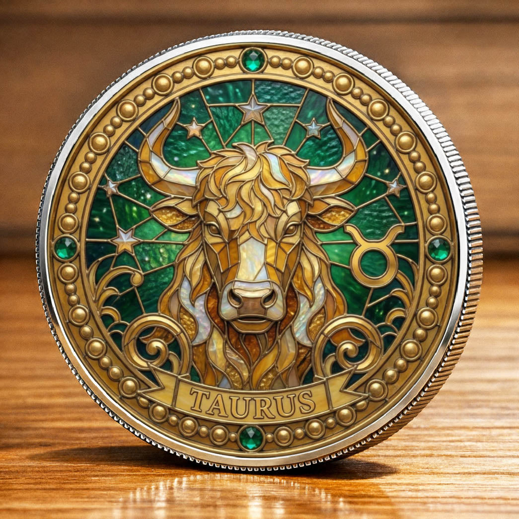 Tarot Zodiac Taurus Sign Stained Glass Printed Commemorative Coin
