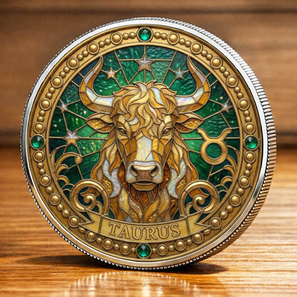 Tarot Zodiac Taurus Sign Stained Glass Printed Commemorative Coin