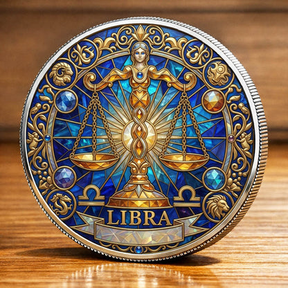 Tarot Zodiac Libra Sign Stained Glass Printed Commemorative Coin
