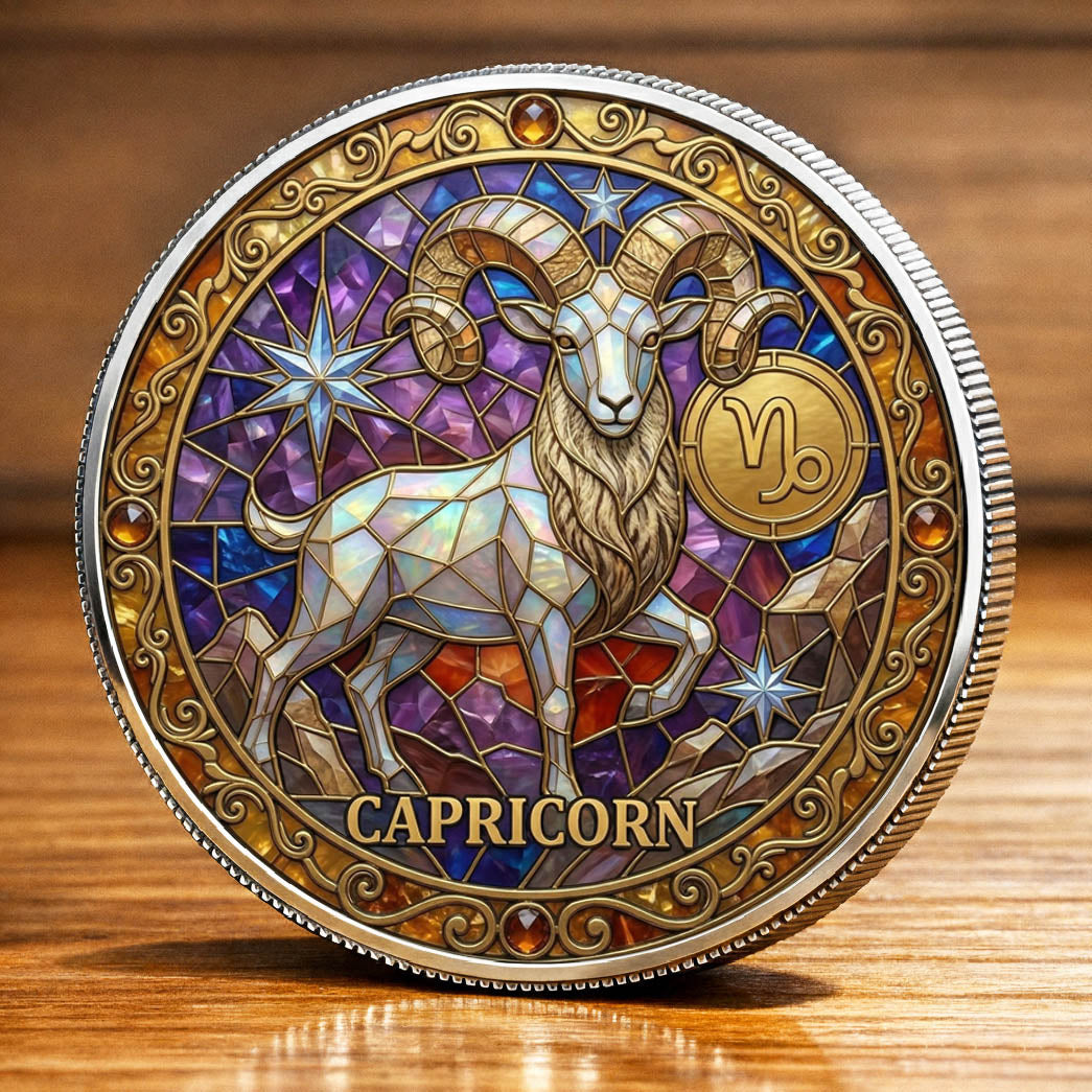 Tarot Zodiac Capricorn Sign Stained Glass Printed Commemorative Coin