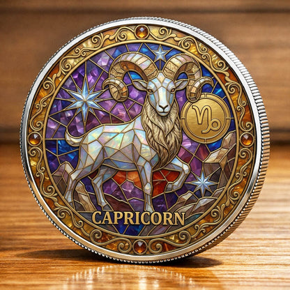 Tarot Zodiac Capricorn Sign Stained Glass Printed Commemorative Coin