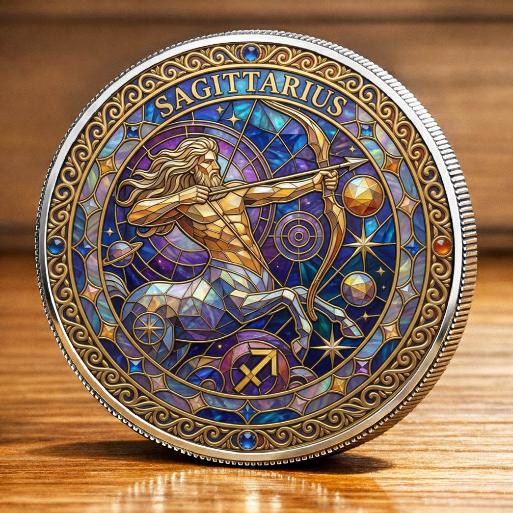 Tarot Zodiac Sagittarius Sign Stained Glass Printed Commemorative Coin