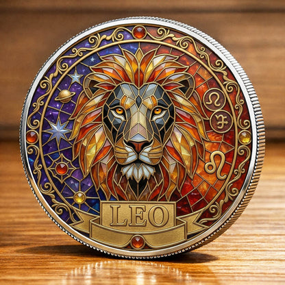 Tarot Zodiac Leo Sign Stained Glass Printed Commemorative Coin