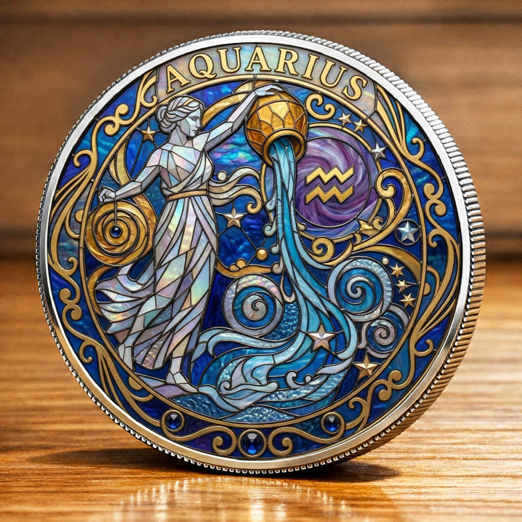 Tarot Zodiac Aquarius Sign Stained Glass Printed Commemorative Coin