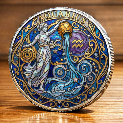 Tarot Zodiac Aquarius Sign Stained Glass Printed Commemorative Coin