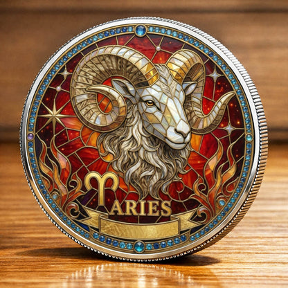 Tarot Zodiac Aries Sign Stained Glass Printed Commemorative Coin