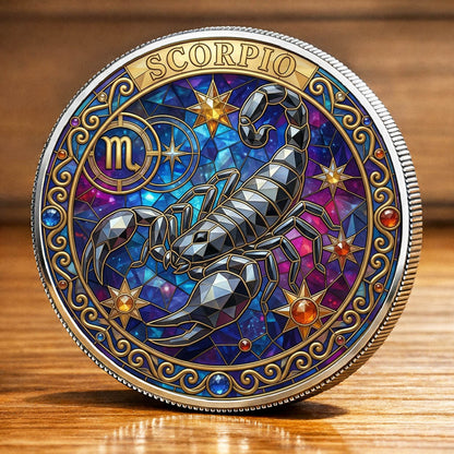 Tarot Zodiac Scorpio Sign Stained Glass Printed Commemorative Coin