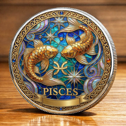 Tarot Zodiac Pisces Sign Stained Glass Printed Commemorative Coin