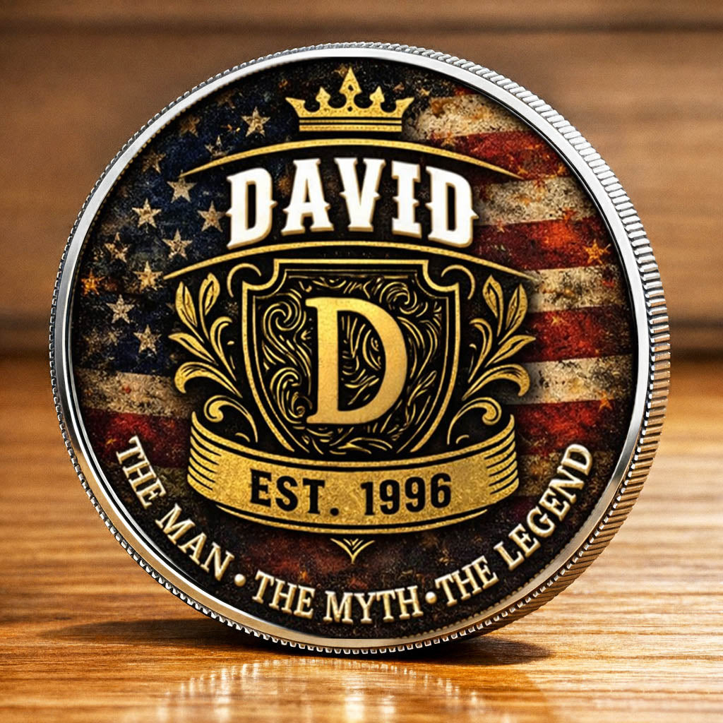 The Man The Myth The Legend Printed Commemorative Coin With Pocket Hug Leather Keychain