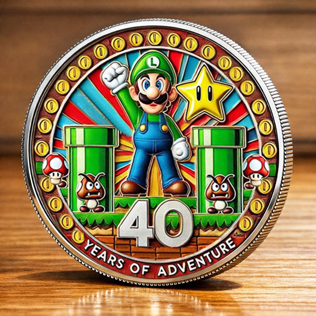 Super Mario 40th Anniversary Printed Commemorative Coin With Pocket Hug Leather Keychain