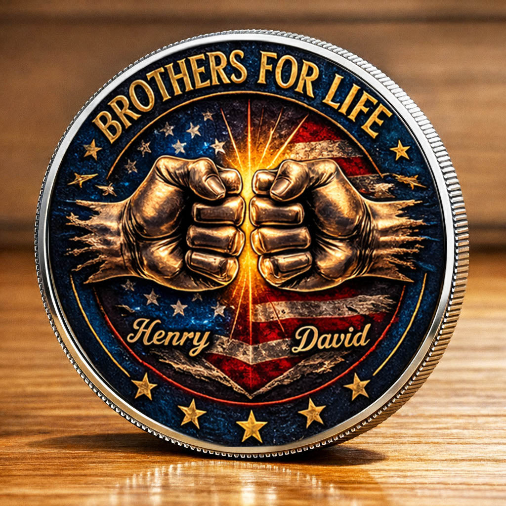 Brothers For Life Printed Commemorative Coin With Pocket Hug Leather Keychain
