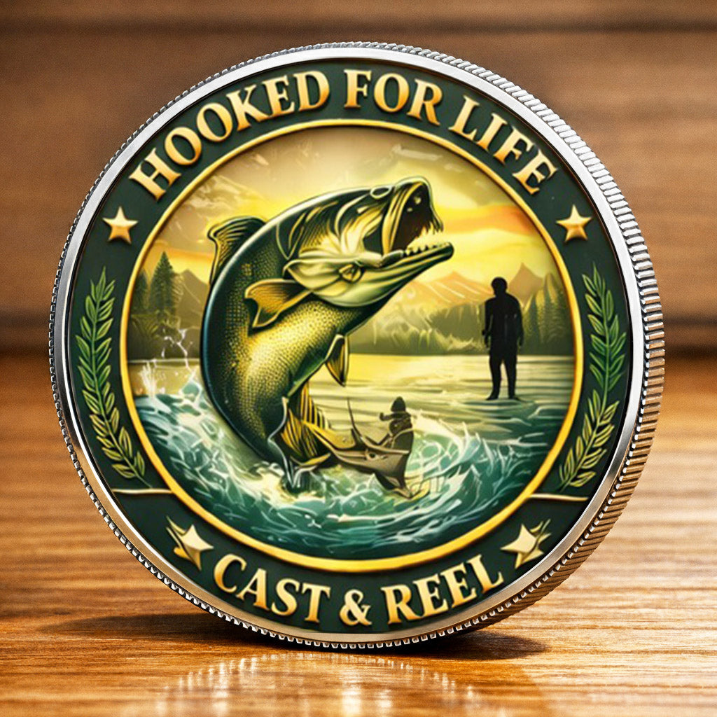Hooked For Life Printed Commemorative Coin With Pocket Hug Leather Keychain