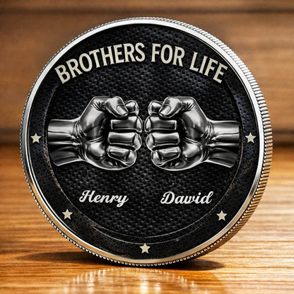 Brothers For Life Printed Commemorative Coin With Pocket Hug Leather Keychain