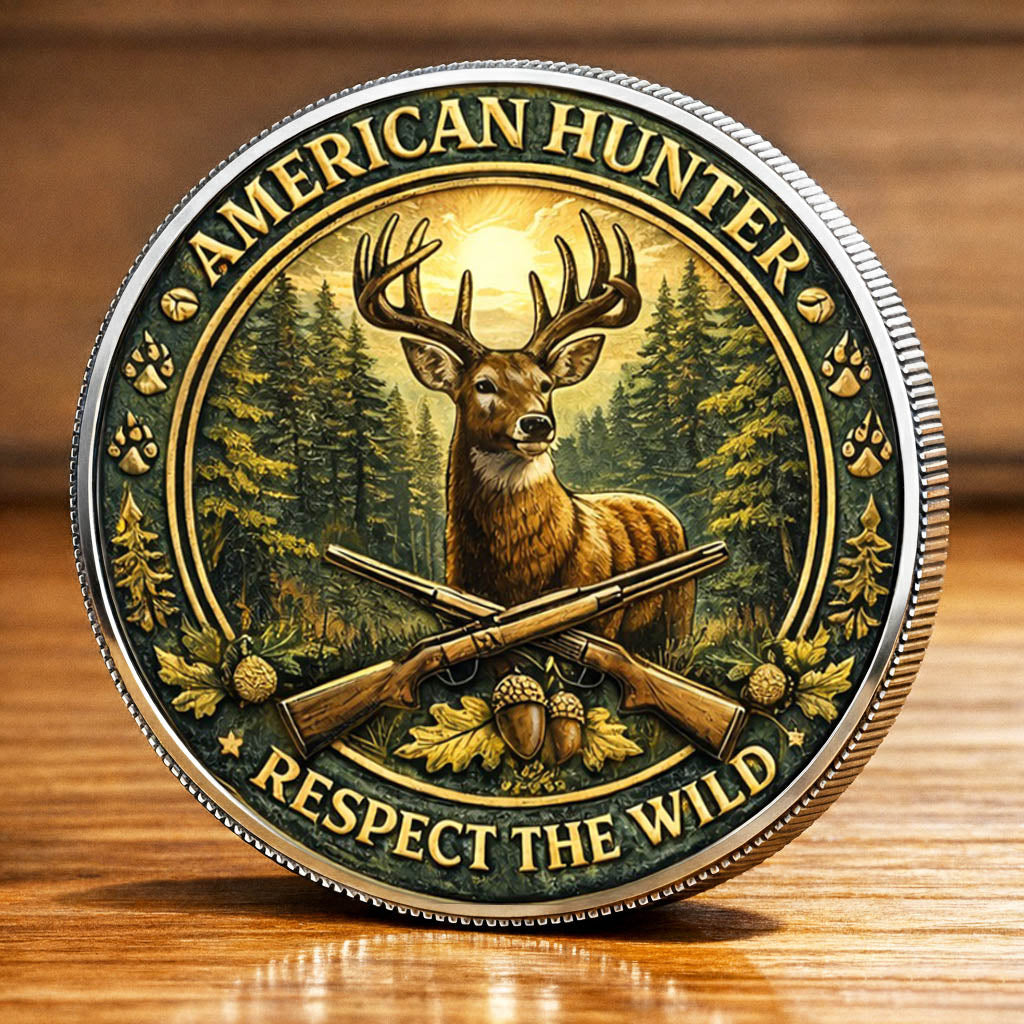 American Hunter Printed Commemorative Coin With Pocket Hug Leather Keychain