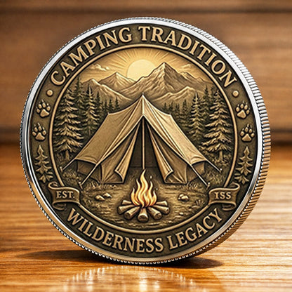 Camping Tradition Printed Commemorative Coin With Pocket Hug Leather Keychain