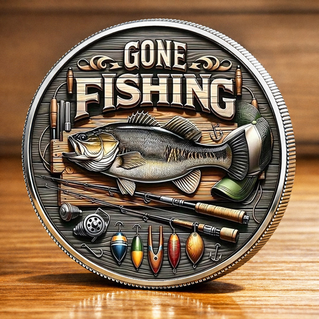 Gone Fishing Printed Commemorative Coin With Pocket Hug Leather Keychain