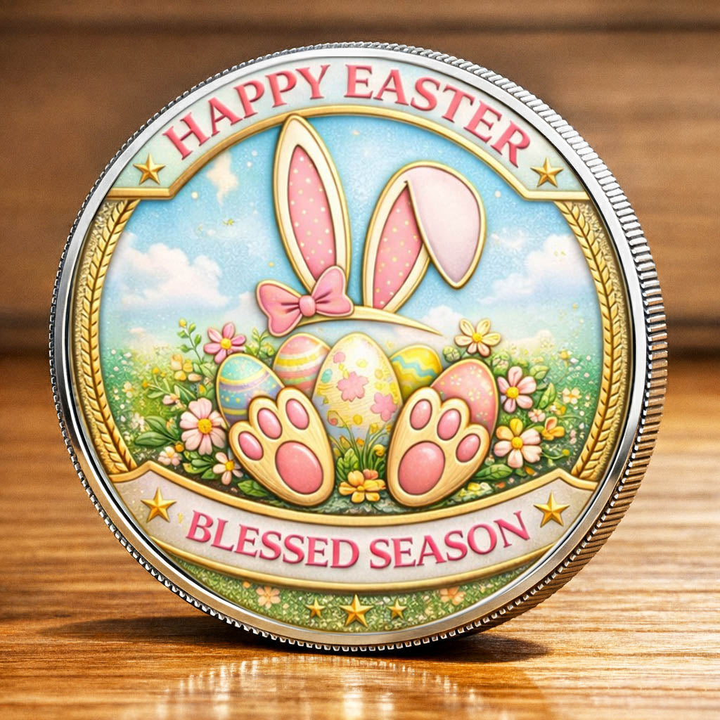 Happy Easter Printed Commemorative Coin With Pocket Hug Leather Keychain