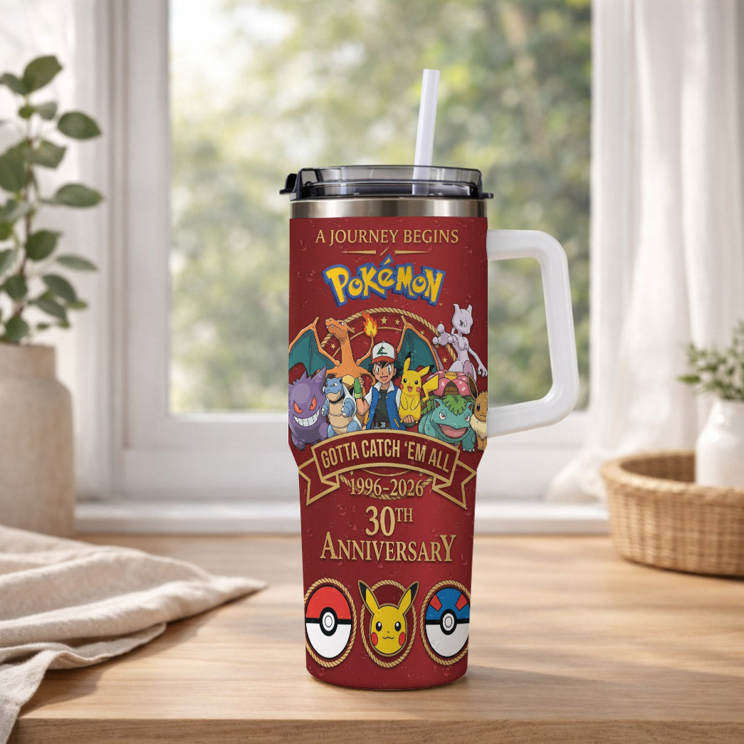 Anime Monster Trainer 30th Anniversary Tumbler, Red Adventure Begins Travel Cup, 1996–2026 Gaming Inspired Tumbler With Handle