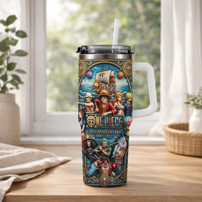 Pirate Anime Adventure 30th Anniversary Tumbler, 1997–2027 Manga Inspired Travel Cup, Ocean Crew Stainless Tumbler With Handle