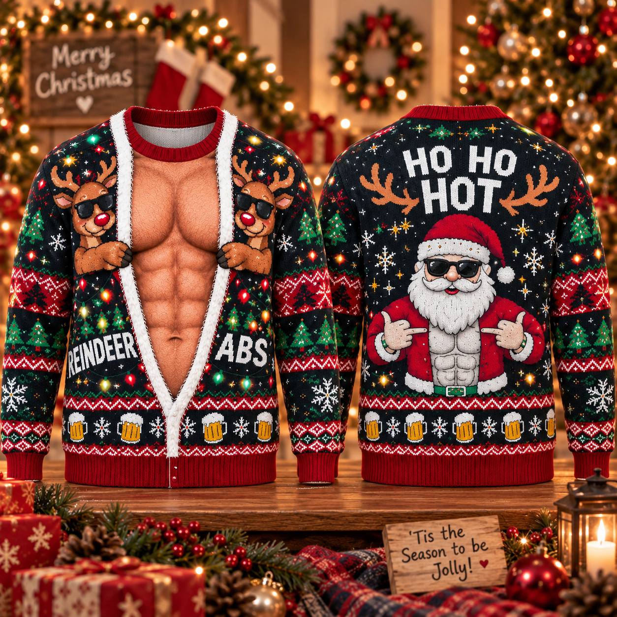 Christmas Funny Reindeer Abs Ugly Sweatshirt