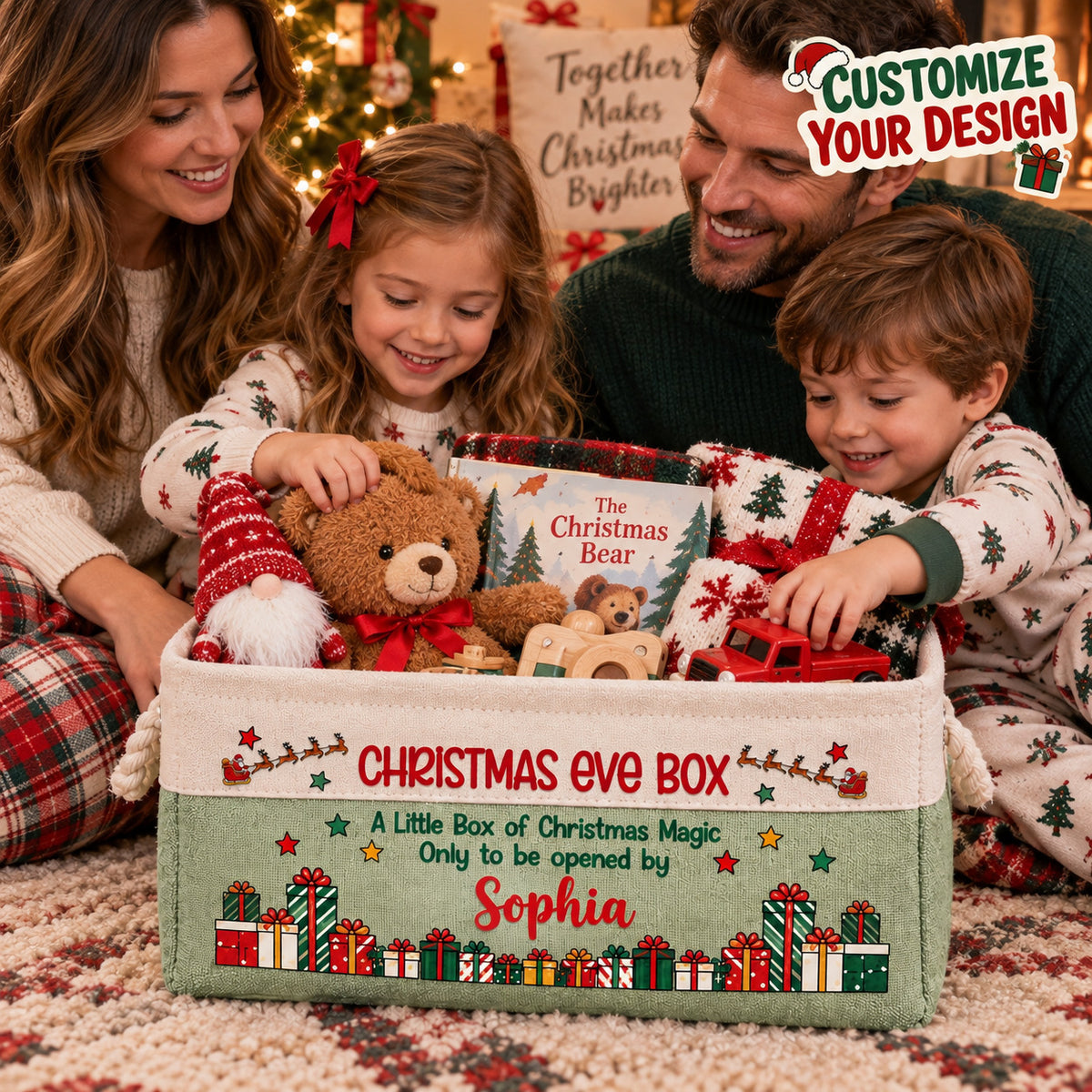 Personalized Kids Christmas Eve Gift Basket, Custom Name Storage Bin with Rope Handles