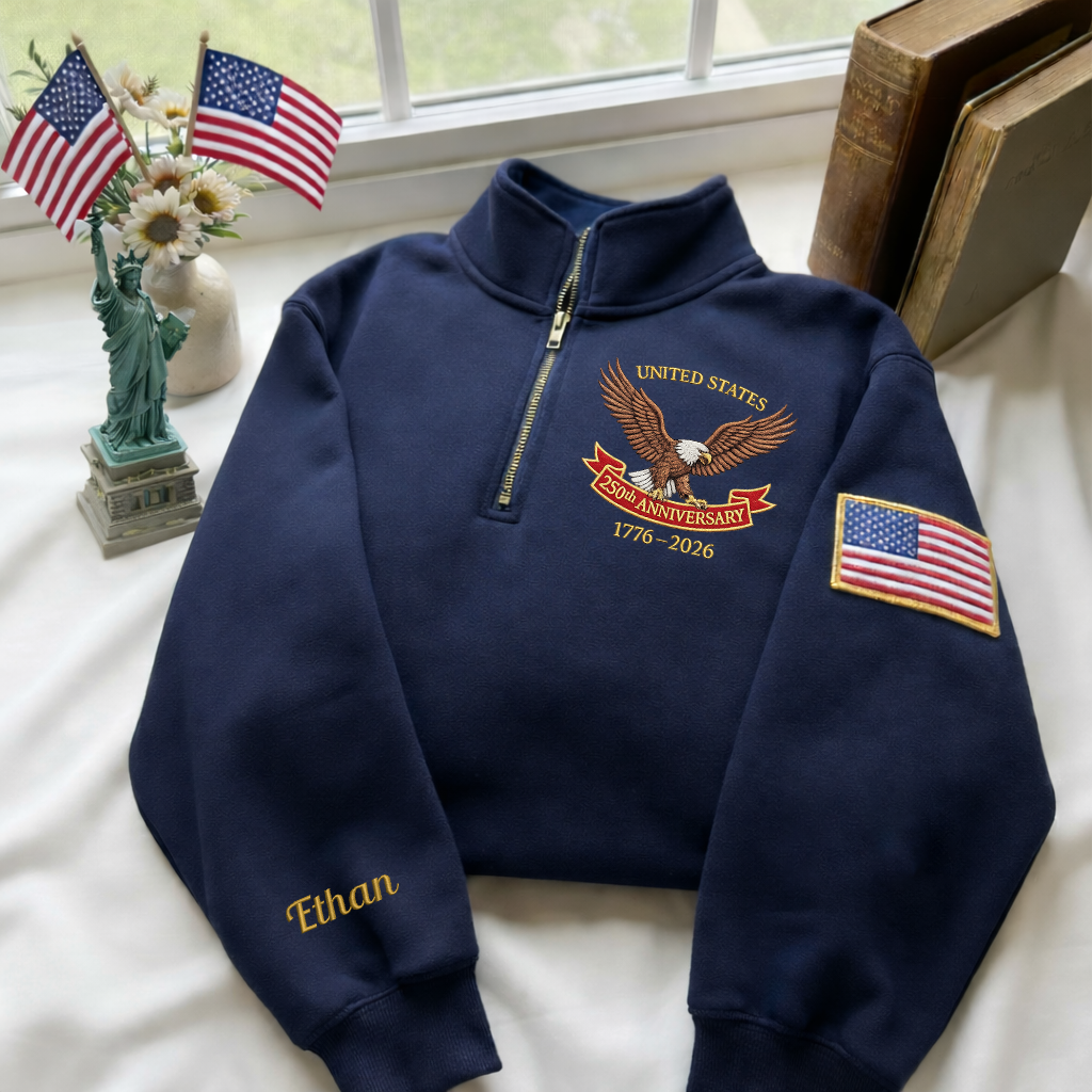 Embroidered USA 250th Anniversary Quarter-Zip Sweatshirt, Hoodie Sweatshirt T-Shirt