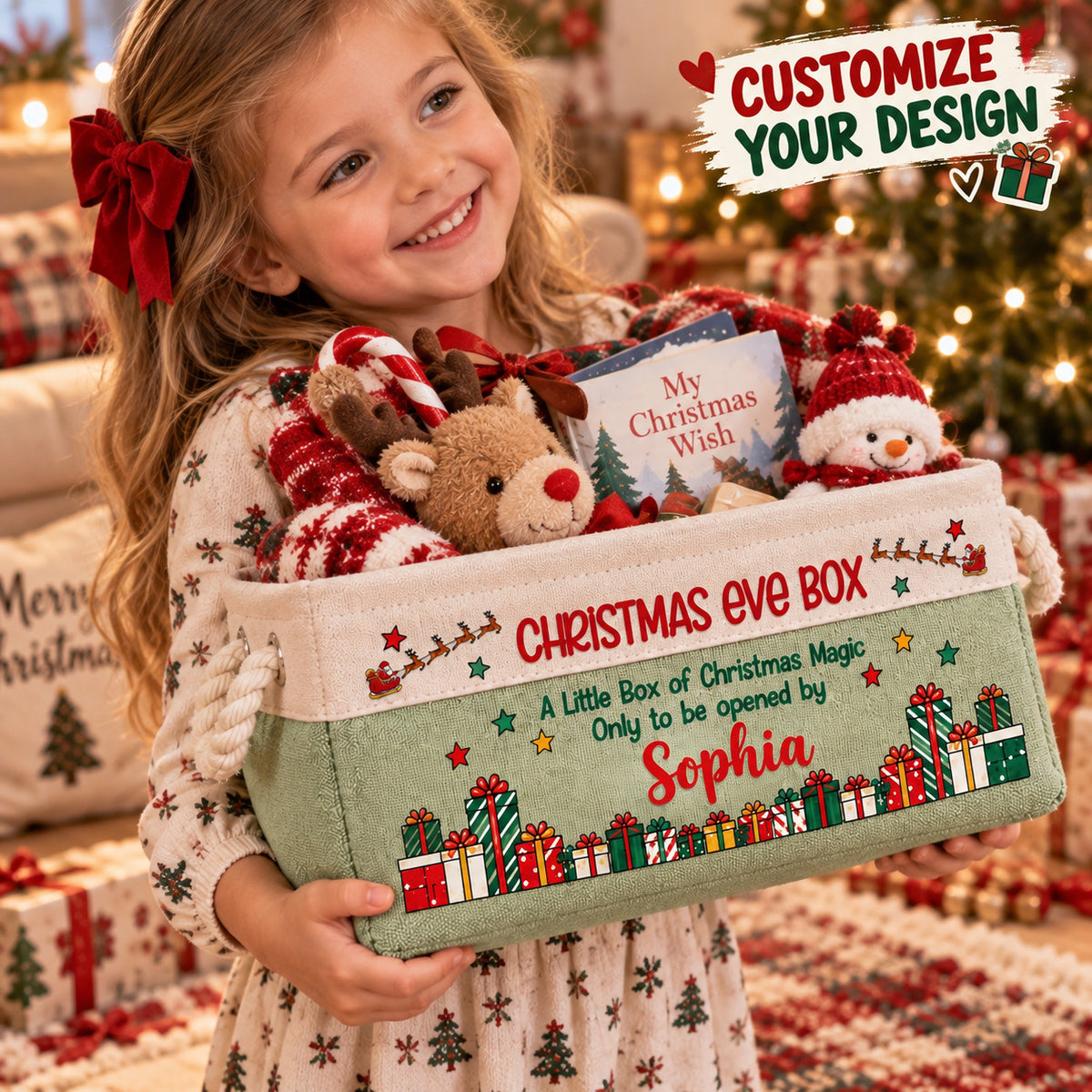 Personalized Kids Christmas Eve Gift Basket, Custom Name Storage Bin with Rope Handles