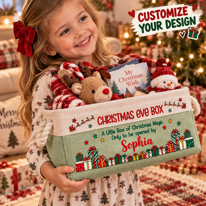 Personalized Kids Christmas Eve Gift Basket, Custom Name Storage Bin with Rope Handles
