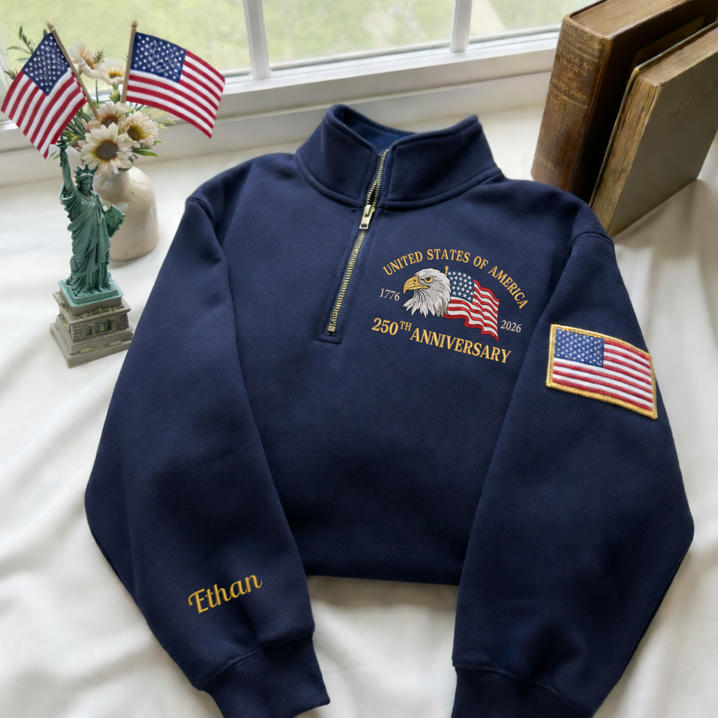 Embroidered USA 250th Anniversary Quarter-Zip Sweatshirt, Hoodie Sweatshirt T-Shirt