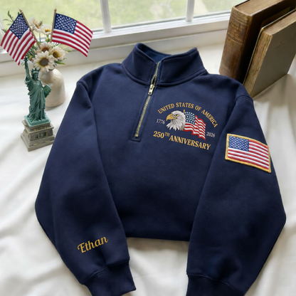 Embroidered USA 250th Anniversary Quarter-Zip Sweatshirt, Hoodie Sweatshirt T-Shirt