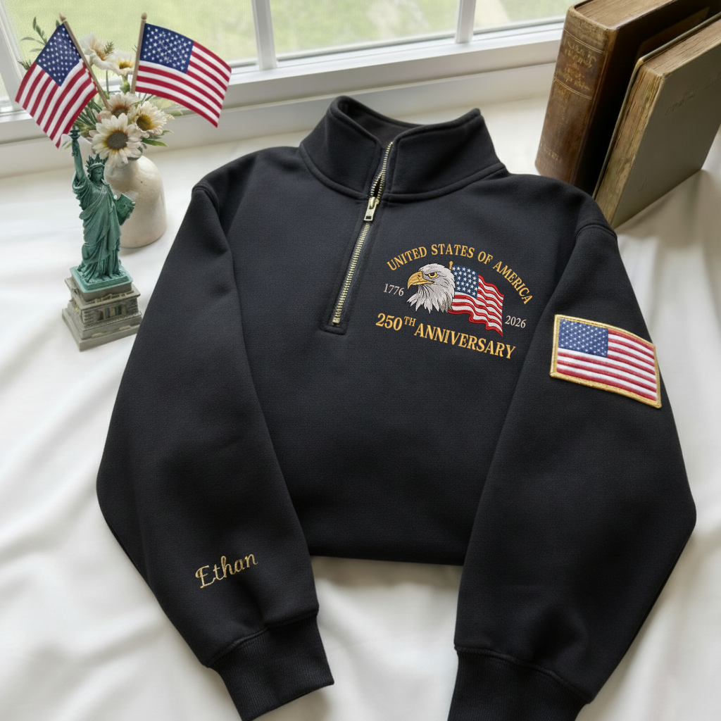 Embroidered USA 250th Anniversary Quarter-Zip Sweatshirt, Hoodie Sweatshirt T-Shirt