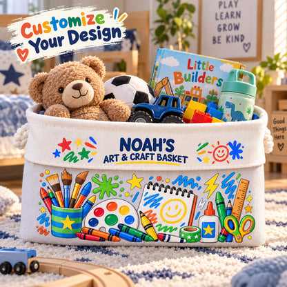 Personalized Kids Arts & Crafts Storage Basket, Custom Name Storage Bin with Rope Handles