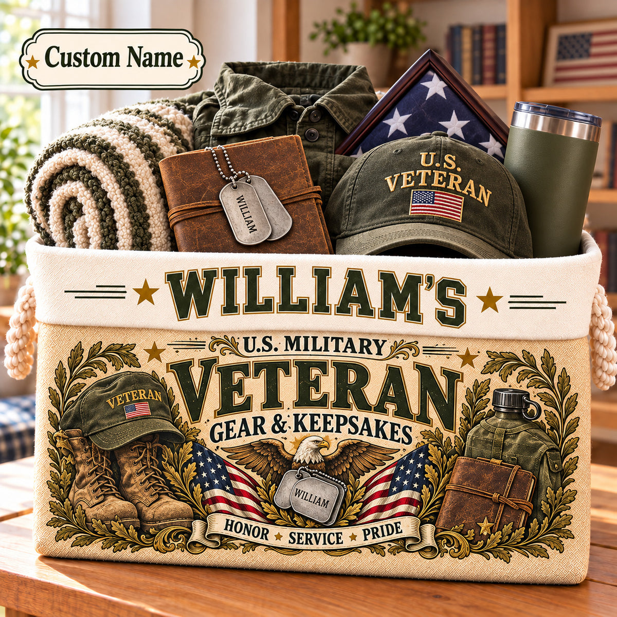 Personalized Veteran Storage Basket, Custom Name Military Keepsake Organizer, Veterans Day Gift