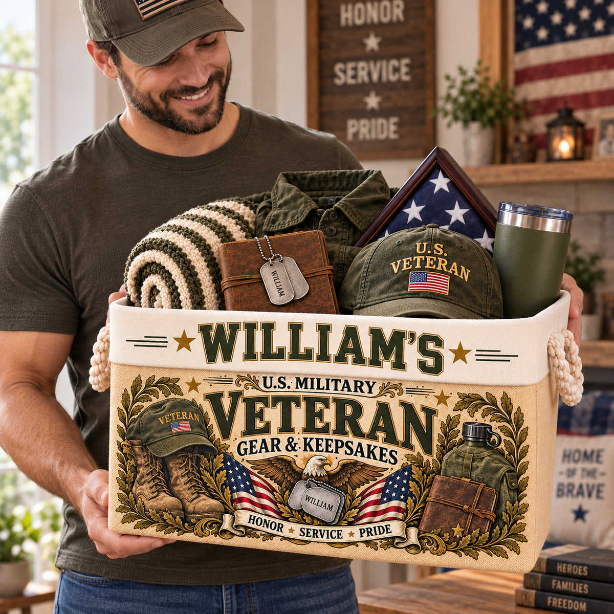 Personalized Veteran Storage Basket, Custom Name Military Keepsake Organizer, Veterans Day Gift