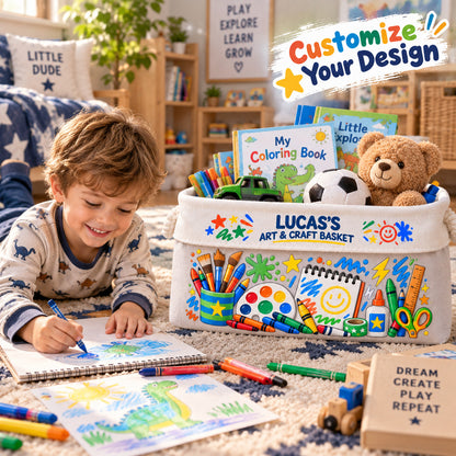 Personalized Kids Arts & Crafts Storage Basket, Custom Name Storage Bin with Rope Handles