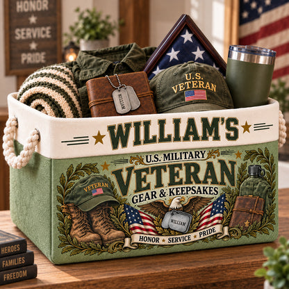 Personalized Veteran Storage Basket, Custom Name Military Keepsake Organizer, Veterans Day Gift