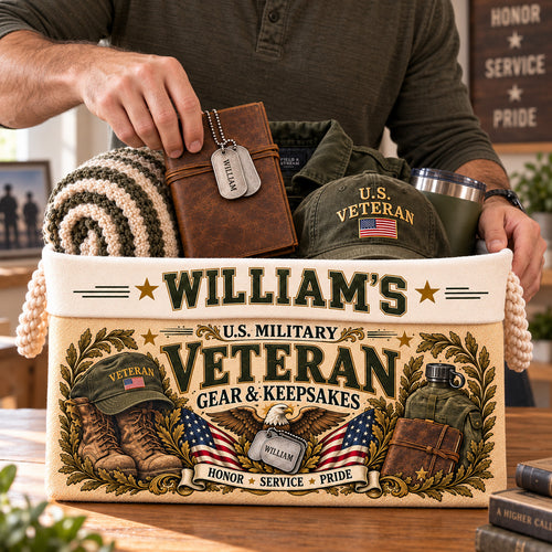 Personalized Veteran Storage Basket, Custom Name Military Keepsake Organizer, Veterans Day Gift