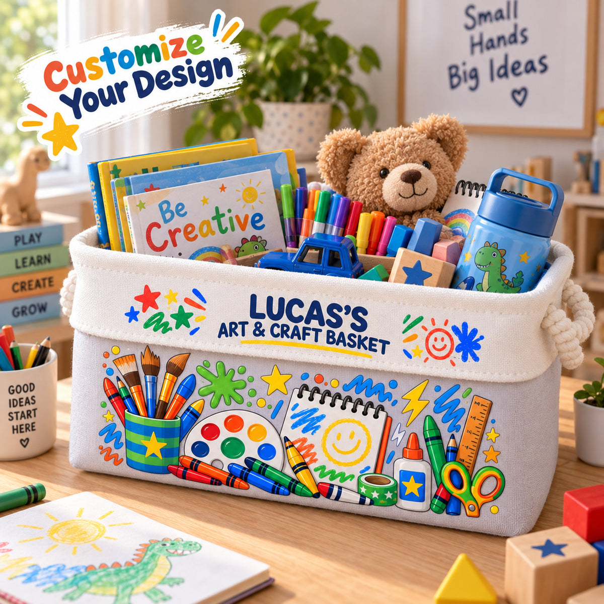 Personalized Kids Arts & Crafts Storage Basket, Custom Name Storage Bin with Rope Handles