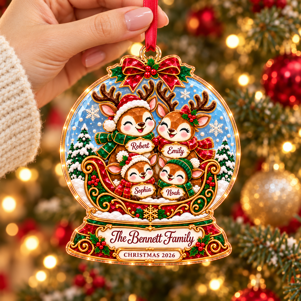 Personalized Reindeer Family Christmas Acrylic & Glass Ornament, Custom Name Snow Globe Ornament