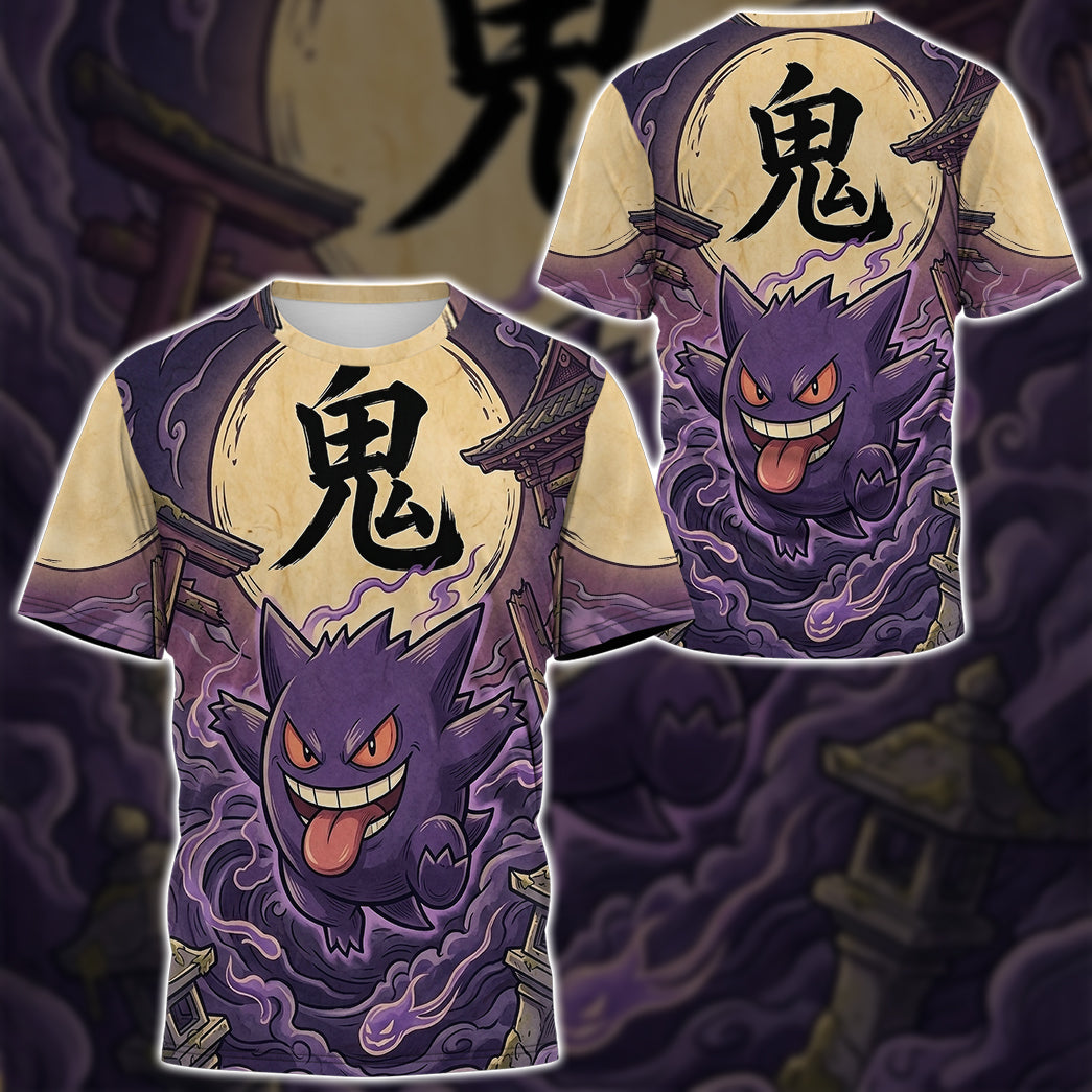 Anime PKM Gengar Japanese Kanji Aesthetic All Over Printed Sweatshirt Hoodie Zip Hoodie T-Shirt